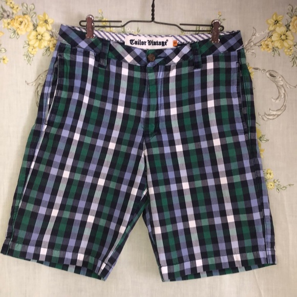 Tailor Vintage blue/green/white check print shorts size 30! - Picture 1 of 4